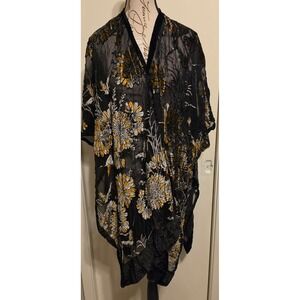 World Market Floral Velvet Burnout Kimono Wrap Black Gold Silver Birds OS